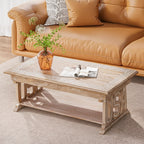 Rectangular Wooden Coffee Table, White Wash Foldable Farmhouse Table, Hand-Carved USA Design, 40 x 20 x 18 Inch
