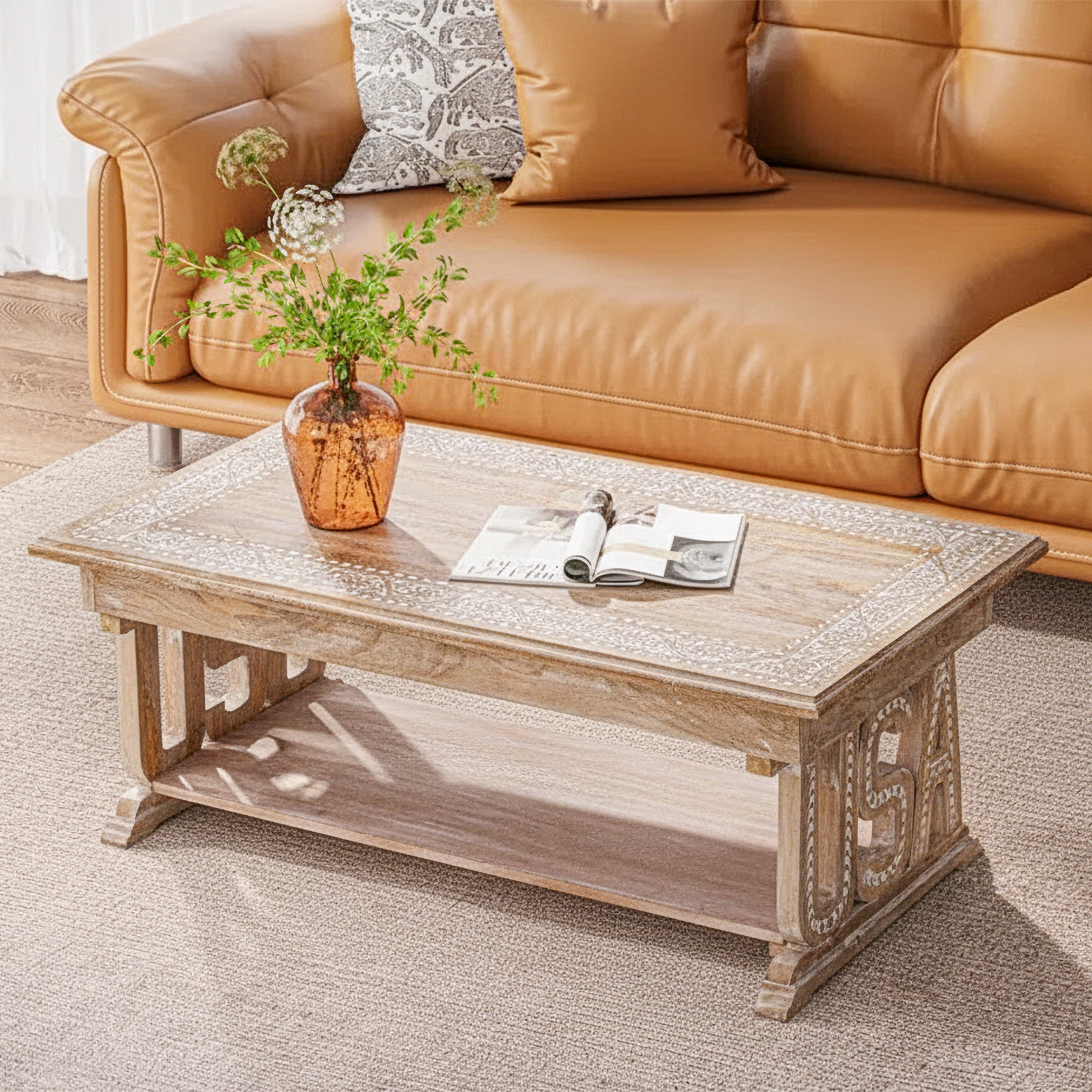 Rectangular Wooden Coffee Table, White Wash Foldable Farmhouse Table, Hand-Carved USA Design, 40 x 20 x 18 Inch