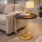 The Wooden Town Hand-Carved Boho Folding Side Table, Burnt Brown Top with Gold Aluminum Spiral Base, 18 x 22 Inch
