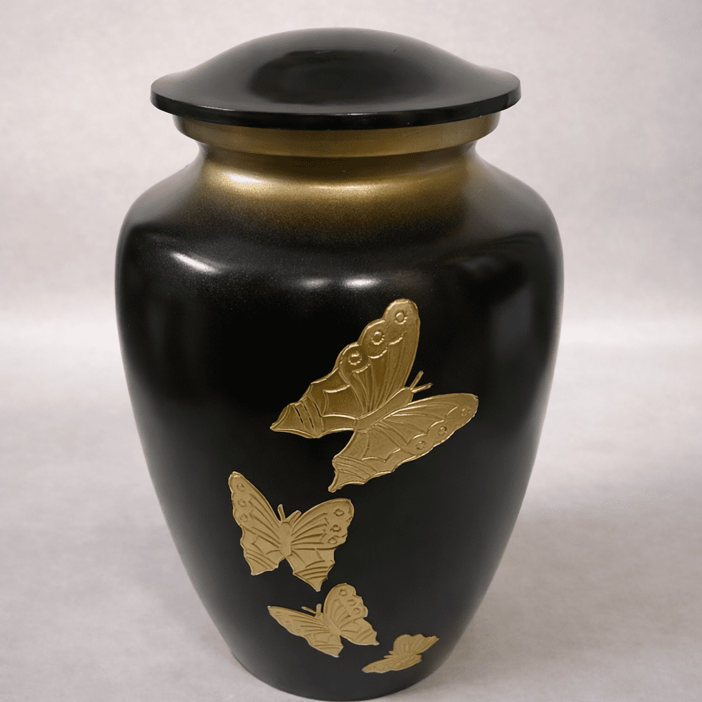 Butterfly Midnight Black Gold Metal Cremation Urn for Adult Ashes – 10” x 6”