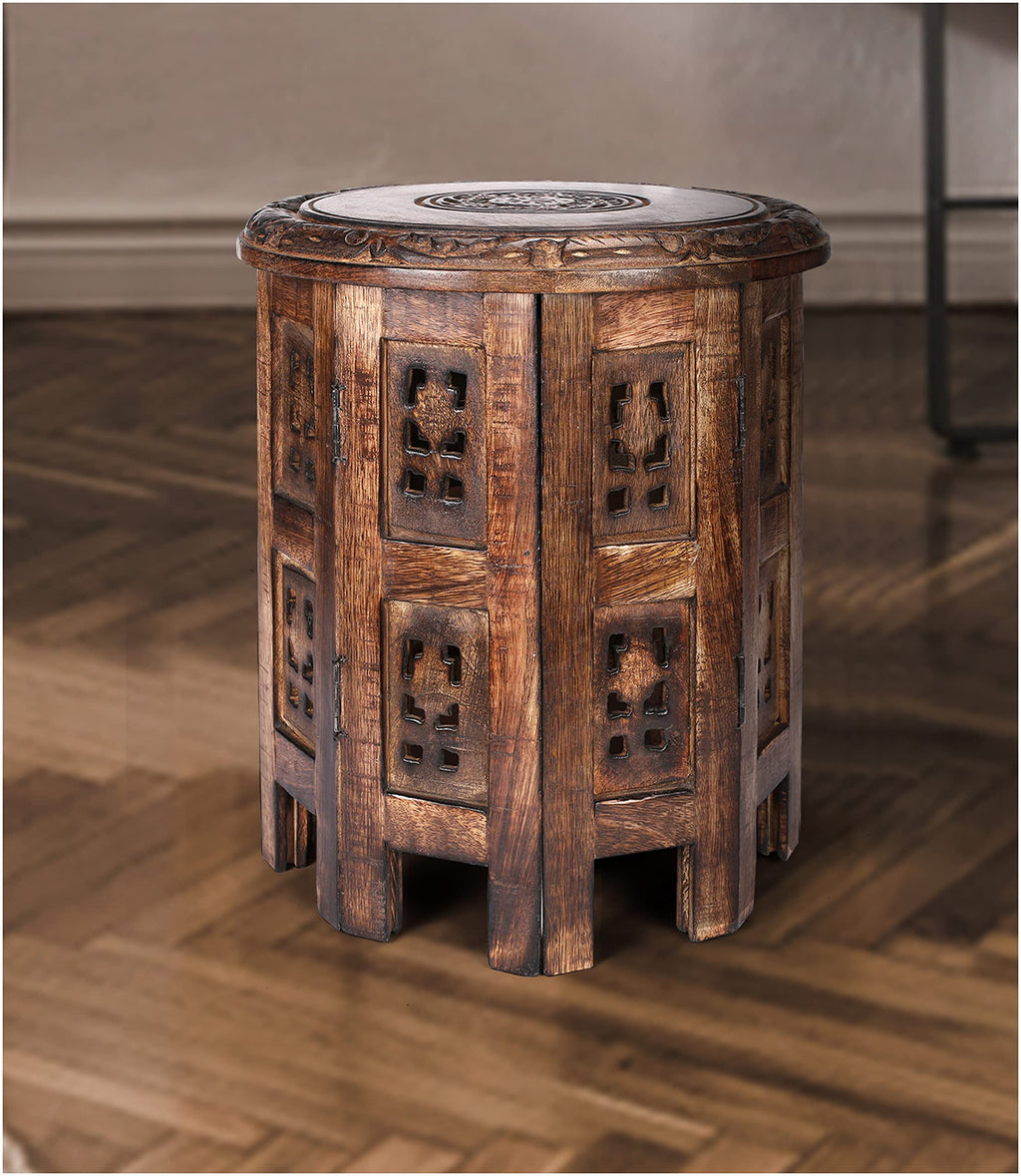 The Wooden Town Vintage Carved Round End Table, Rustic Boho Accent Side Table, 12 Inch