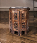 The Wooden Town Vintage Carved Round End Table, Rustic Boho Accent Side Table, 12 Inch