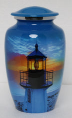 Lighthouse Sky Blue Multi Metal Cremation Urn for Adult Ashes – 10” x 6”