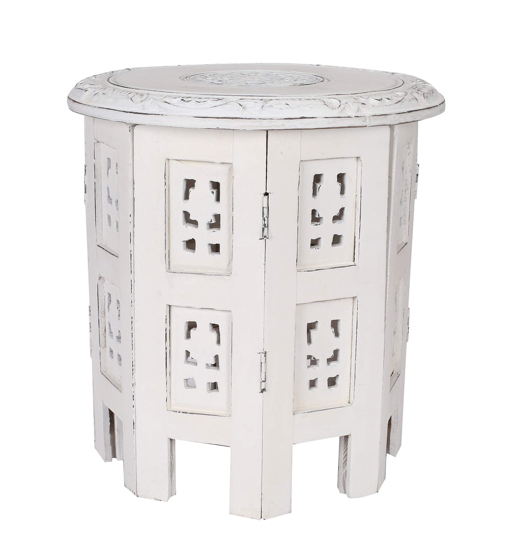 The Wooden Town Round Wooden End Table, White Antique Accent Side Table, 12 x 12 Inch