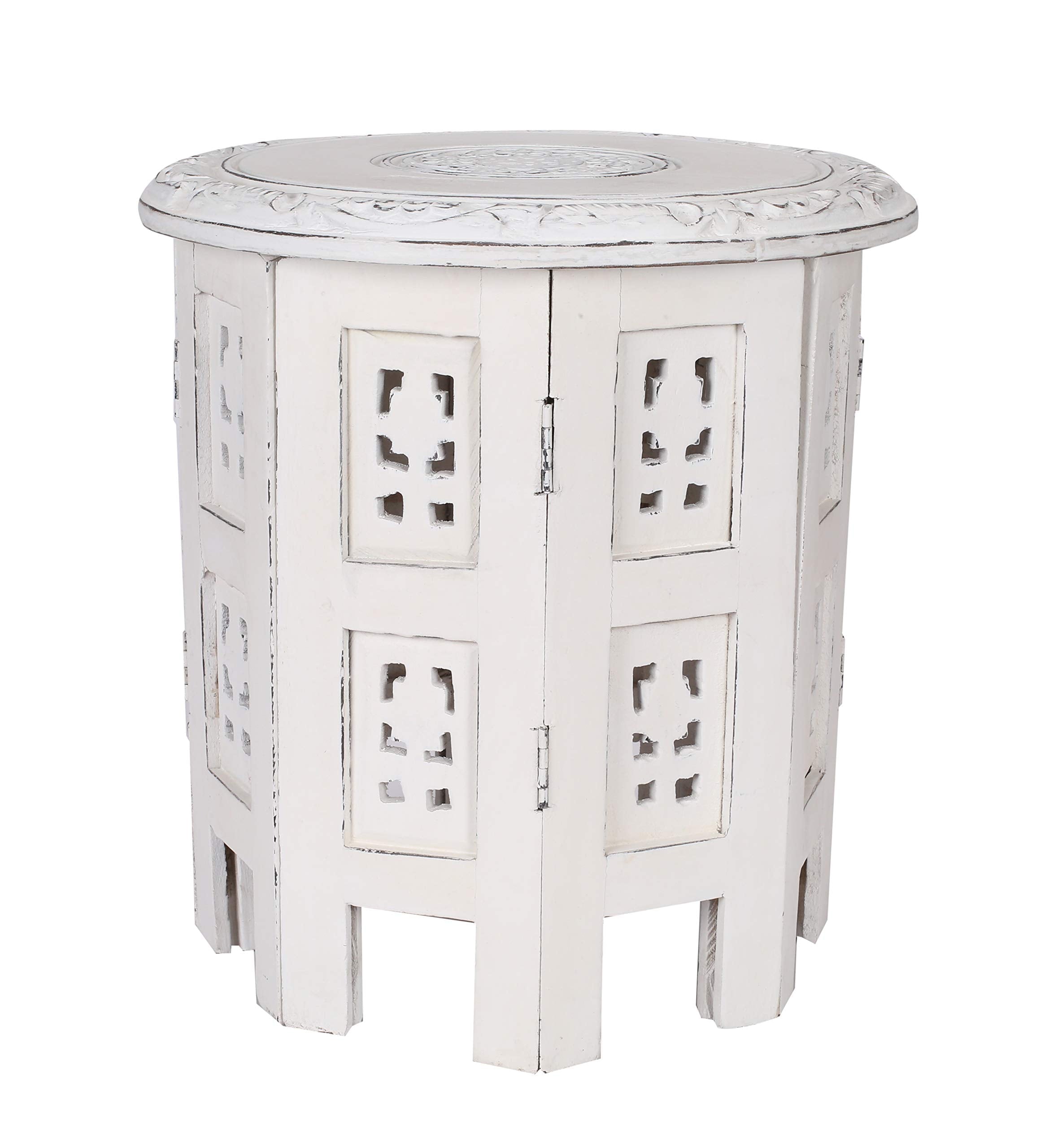 The Wooden Town Round Wooden End Table, White Antique Accent Side Table, 12 x 12 Inch