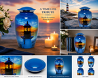 Lighthouse Sky Blue Multi Metal Cremation Urn for Adult Ashes – 10” x 6”