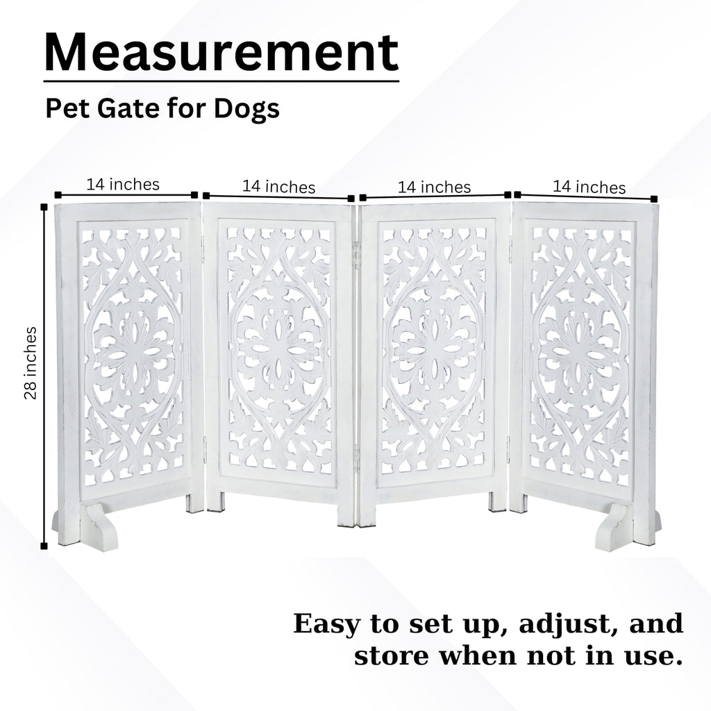 The Wooden Town Foldable Free-Standing Pet Gate, 4-Panel Wooden Dog Barrier, Hand-Carved Solid Wood & MDF, White Finish, 56" W x 28" H