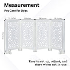 The Wooden Town Foldable Free-Standing Pet Gate, 4-Panel Wooden Dog Barrier, Hand-Carved Solid Wood & MDF, White Finish, 56" W x 28" H