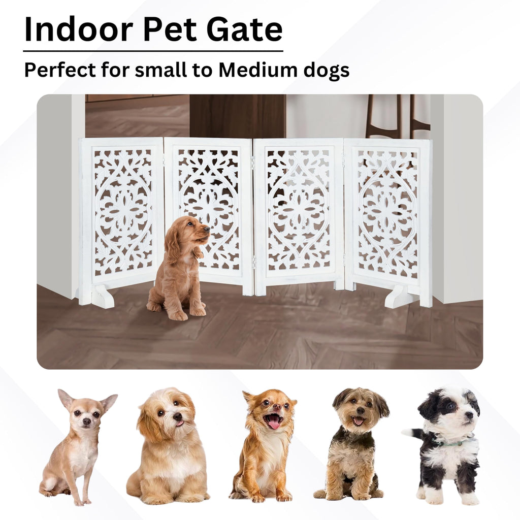 The Wooden Town Foldable Free-Standing Pet Gate, 4-Panel Wooden Dog Barrier, Hand-Carved Solid Wood & MDF, White Finish, 56" W x 28" H