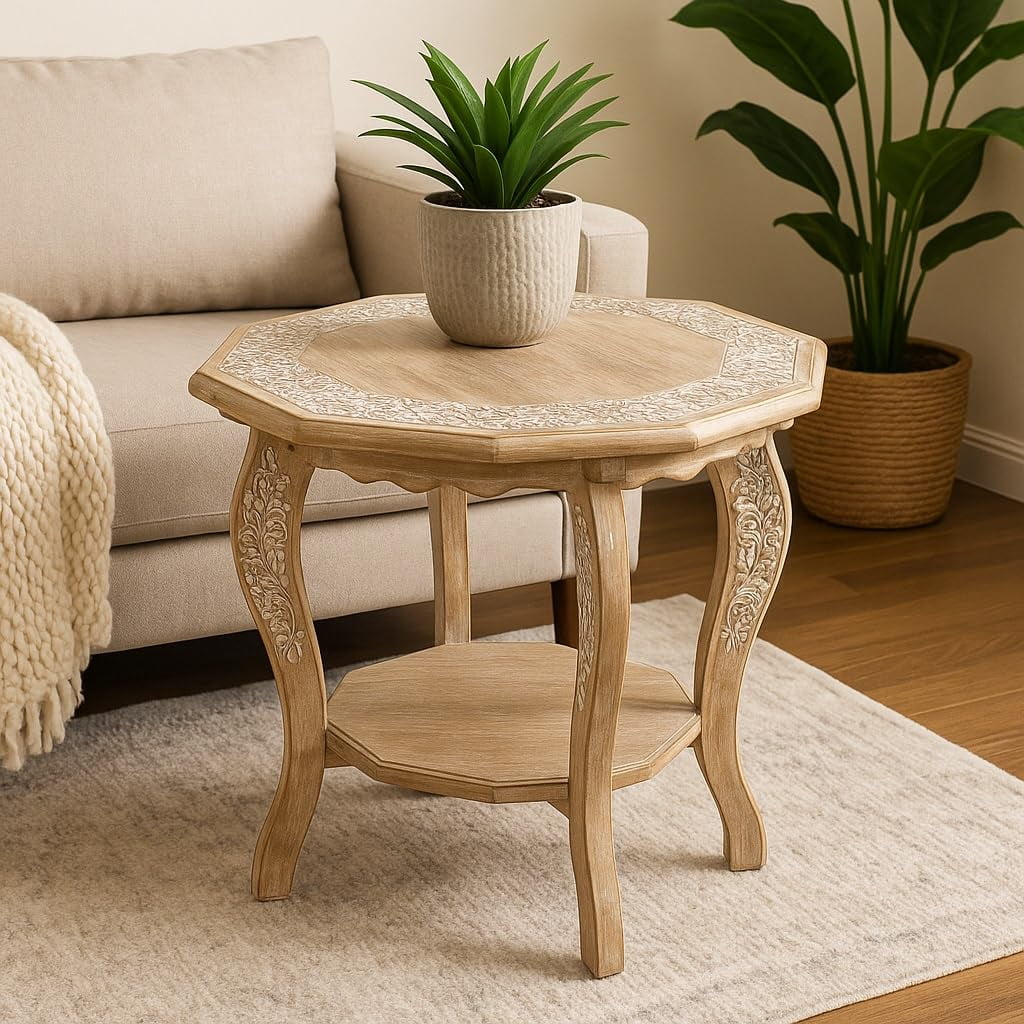 Hand-Carved Wooden Octagon Coffee Table, White Wash Foldable Farmhouse Accent Table, 24 x 24 x 18 Inch