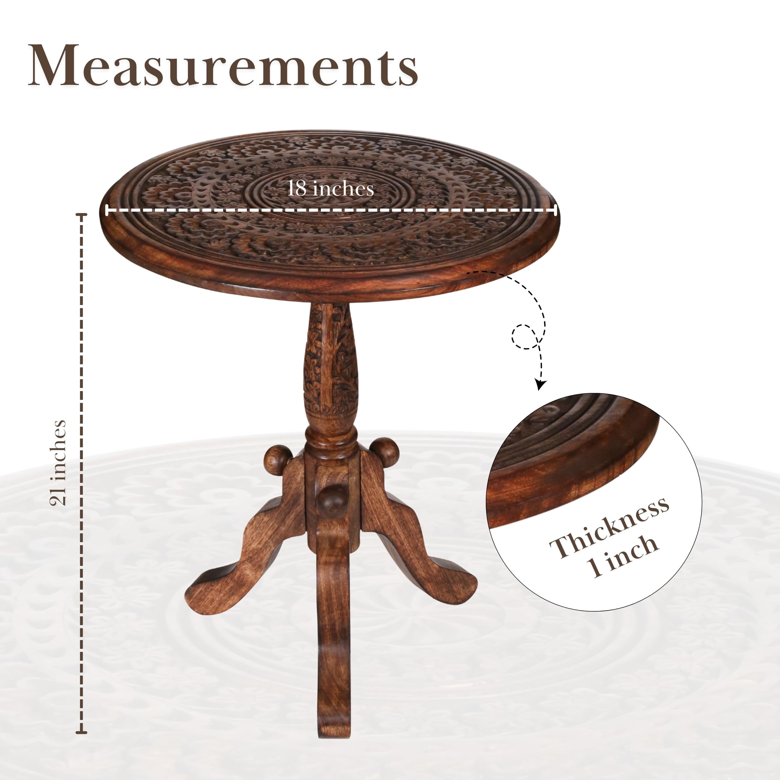The Wooden Town Handcrafted Carved Round Side Table, Solid Wood Coffee & Accent Table with Pedestal Base, Living Room End Table, 18 x 21 Inch