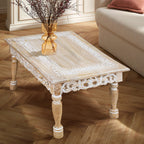 Rectangular Wooden Coffee Table, Beige Finish with Cutwork Jali Carving, 36 x 24 x 18 Inch