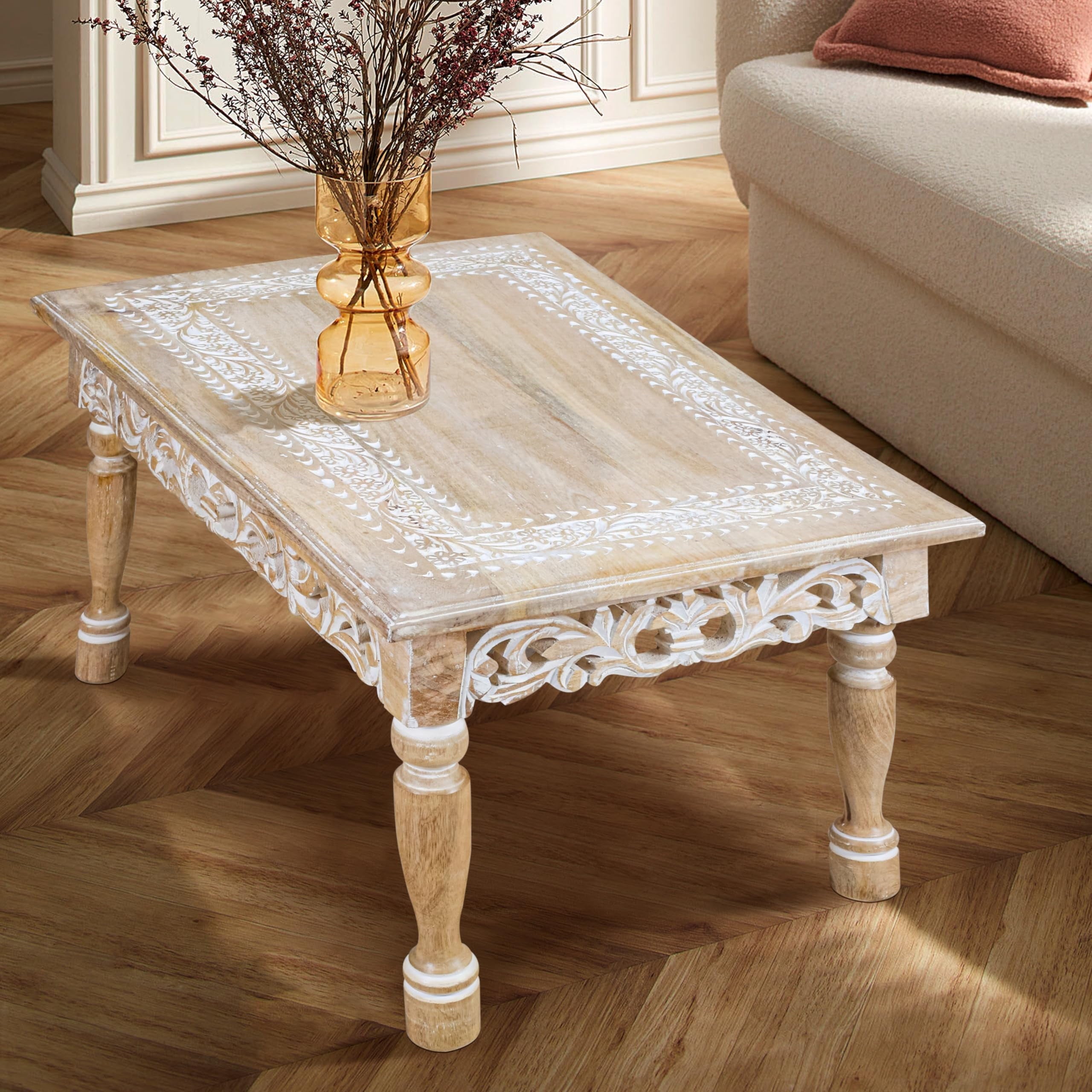 Rectangular Wooden Coffee Table, Beige Finish with Cutwork Jali Carving, 36 x 24 x 18 Inch