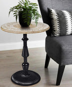 The Wooden Town Hand-Carved Boho Folding Side Table, White Wash Top with Black Aluminum Spiral Base, 18 x 22 Inch