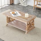 Rectangular Wooden Coffee Table, White Wash Foldable Farmhouse Table, Hand-Carved Elephant Design, 40 x 20 x 18 Inch