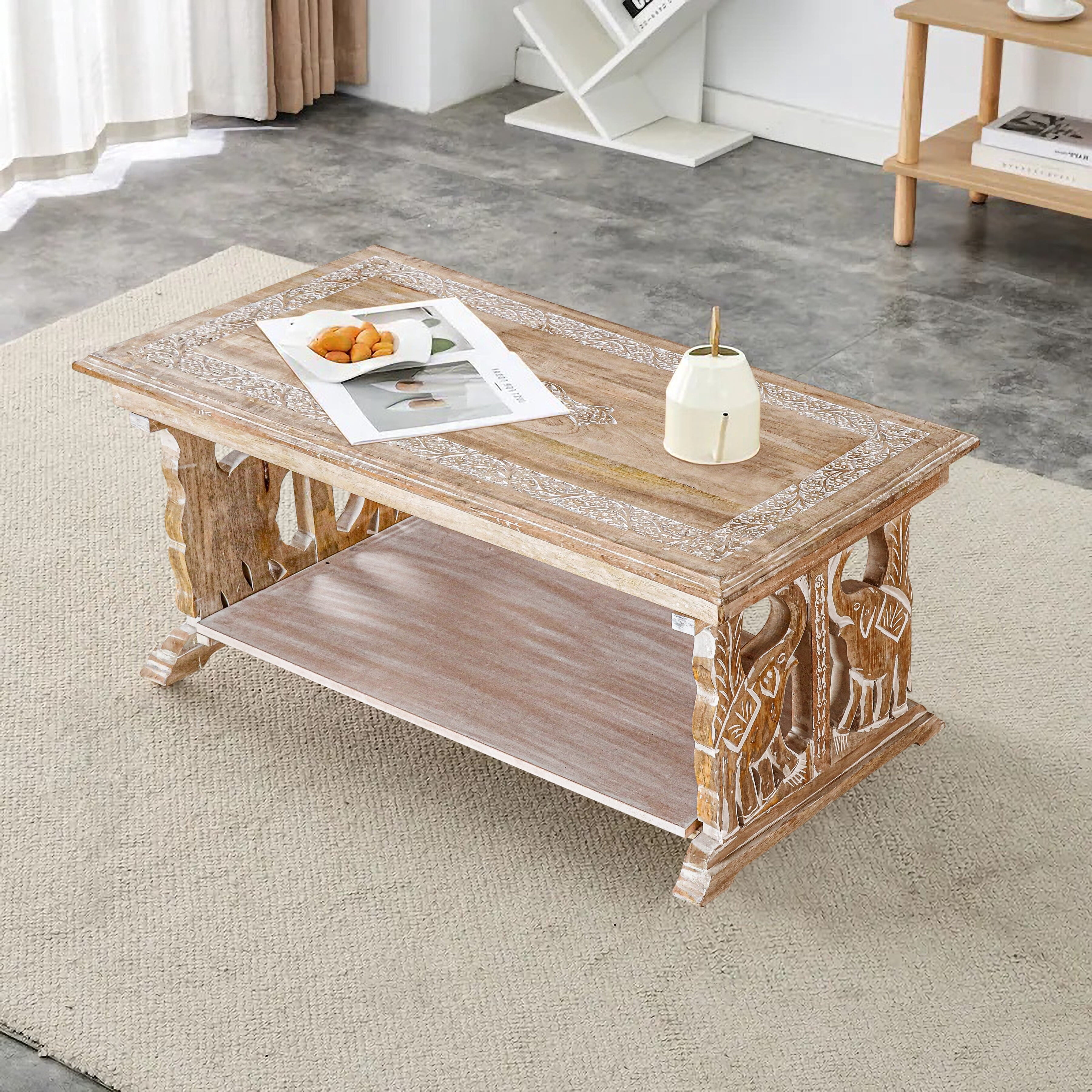 Rectangular Wooden Coffee Table, White Wash Foldable Farmhouse Table, Hand-Carved Elephant Design, 40 x 20 x 18 Inch