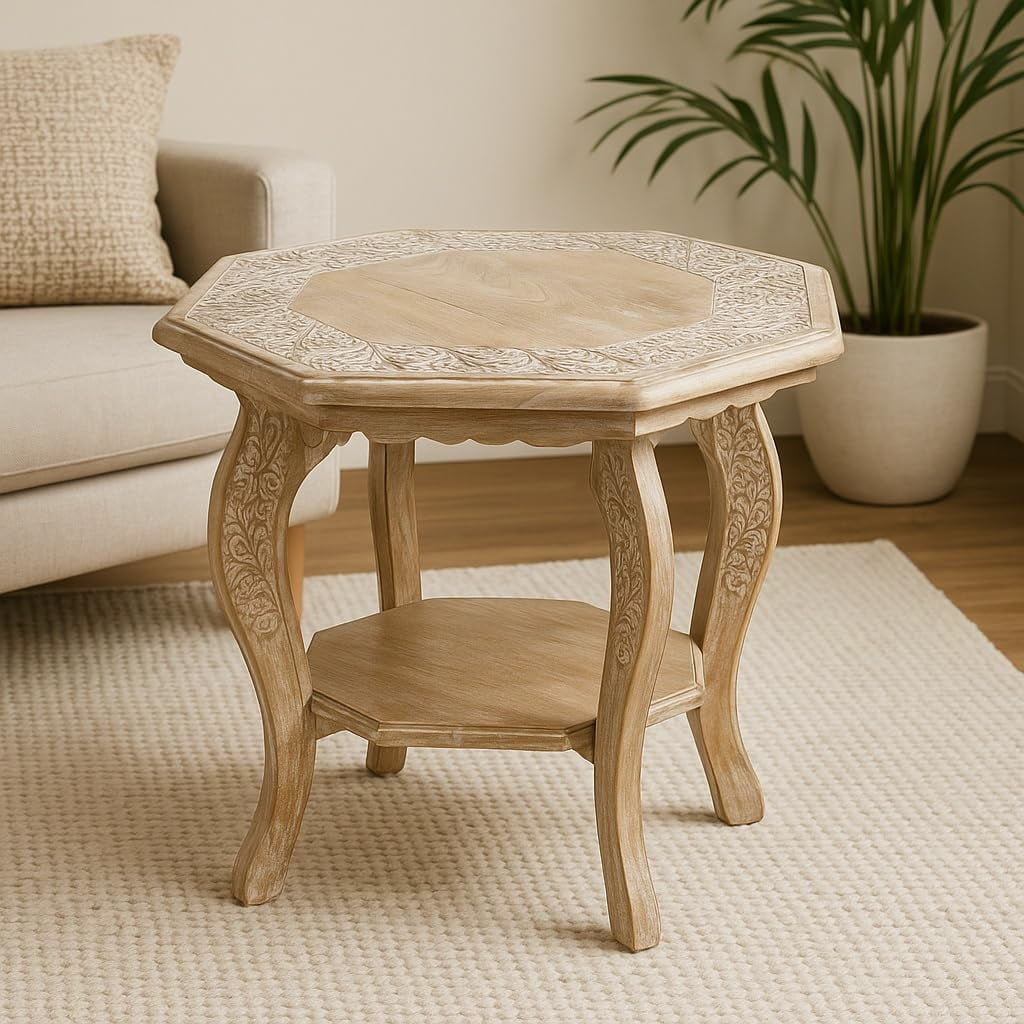 Hand-Carved Wooden Octagon Coffee Table, White Wash Foldable Farmhouse Accent Table, 24 x 24 x 18 Inch