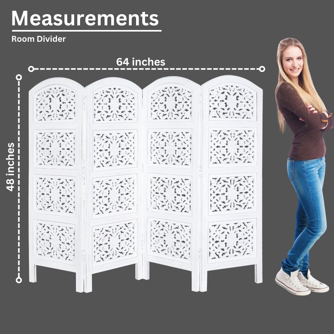 White Hand-Carved Wooden 4-Panel Folding Room Divider 64” x 48”