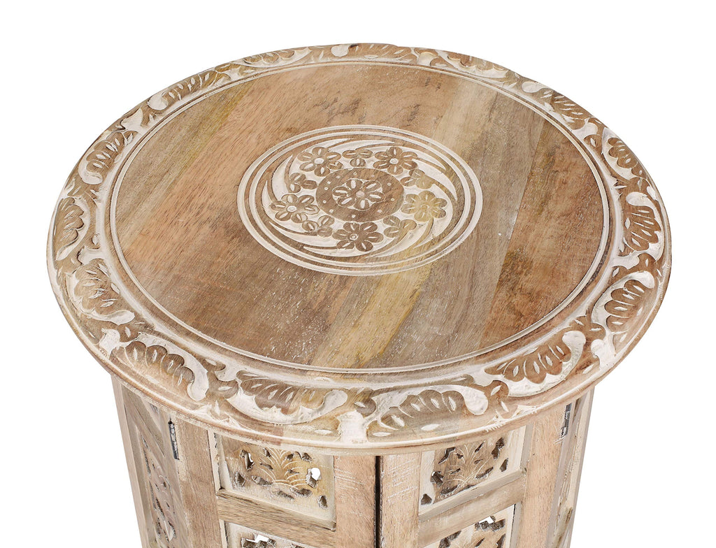 The Wooden Town Carved Wood Round End Table, Handcrafted Accent Side Table, White Washed Small Coffee Table, Solid Wood Living Room Décor, 18 Inch