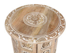 The Wooden Town Carved Wood Round End Table, Handcrafted Accent Side Table, White Washed Small Coffee Table, Solid Wood Living Room Décor, 18 Inch