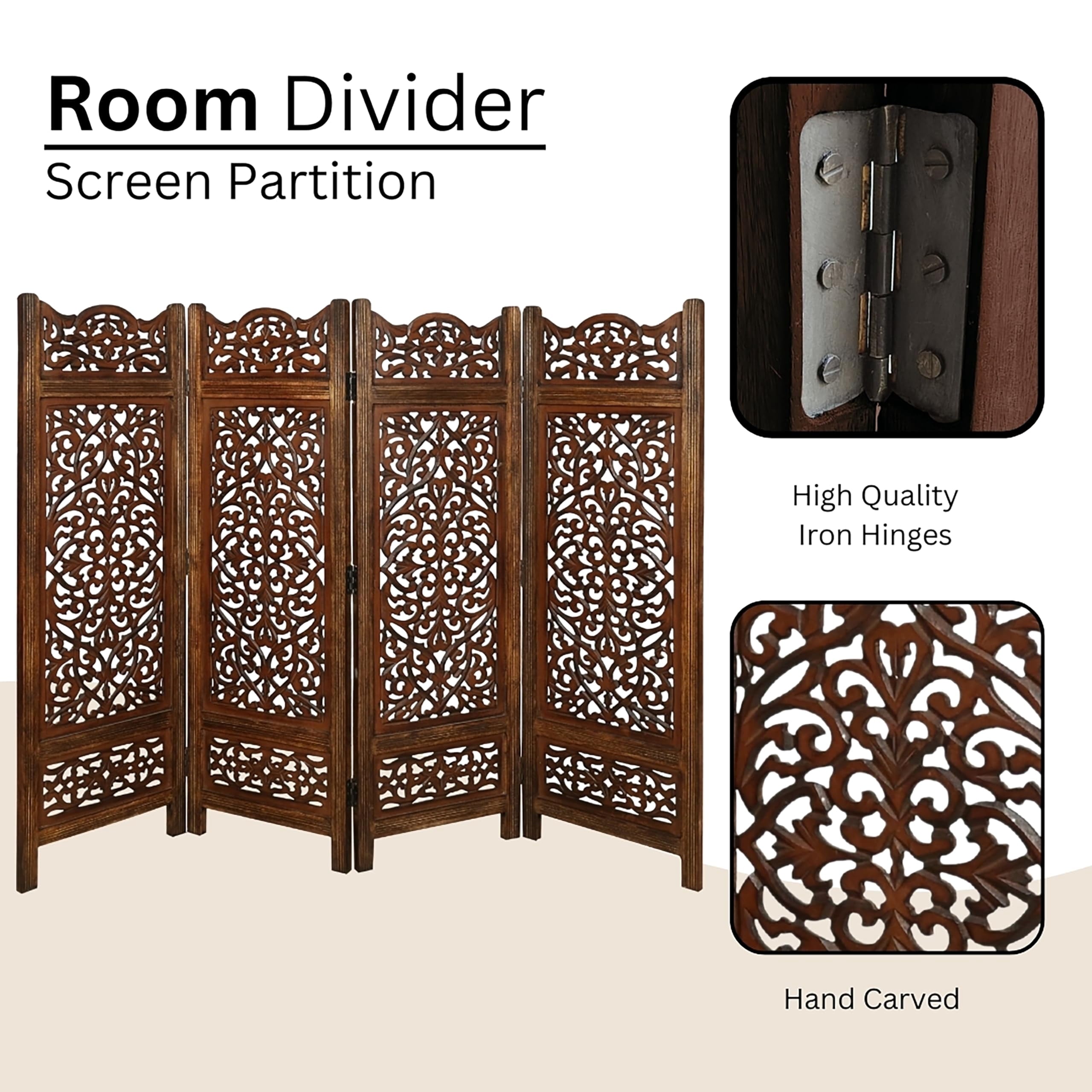 Hand-Carved Wooden 4-Panel Folding Room Divider 64” x 48” – Antique Burnt