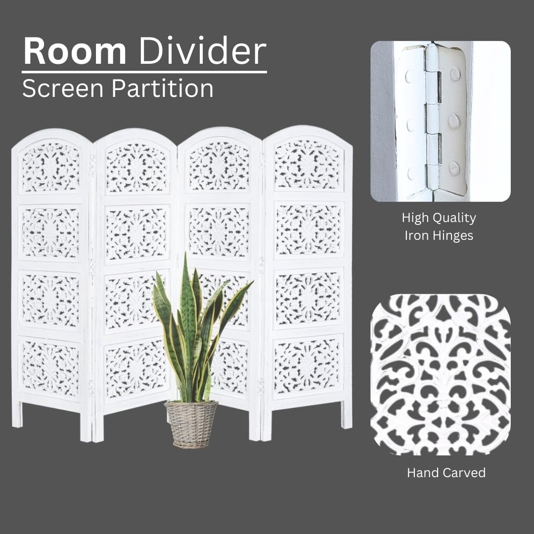 White Hand-Carved Wooden 4-Panel Folding Room Divider 64” x 48”
