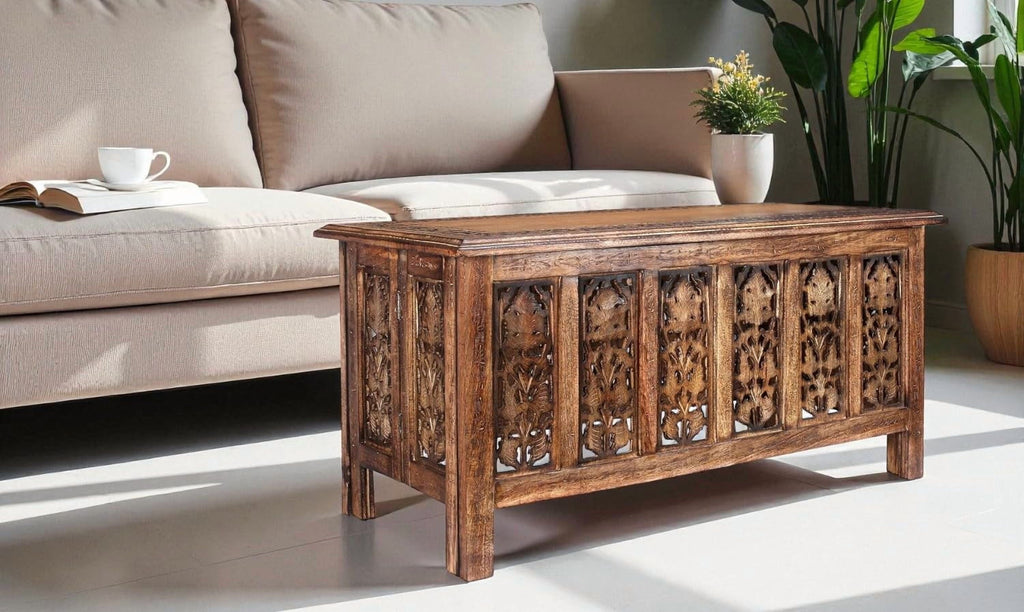 Wooden Coffee Table, Hand-Carved Solid Wood Center Table, Vintage Burnt Finish, 36 x 18 Inch