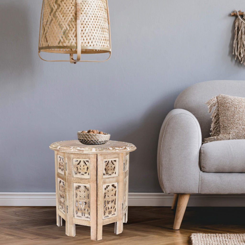 The Wooden Town Carved Wood Round End Table, Handcrafted Accent Side Table, White Washed Small Coffee Table, Solid Wood Living Room Décor, 18 Inch