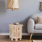 The Wooden Town Carved Wood Round End Table, Handcrafted Accent Side Table, White Washed Small Coffee Table, Solid Wood Living Room Décor, 18 Inch