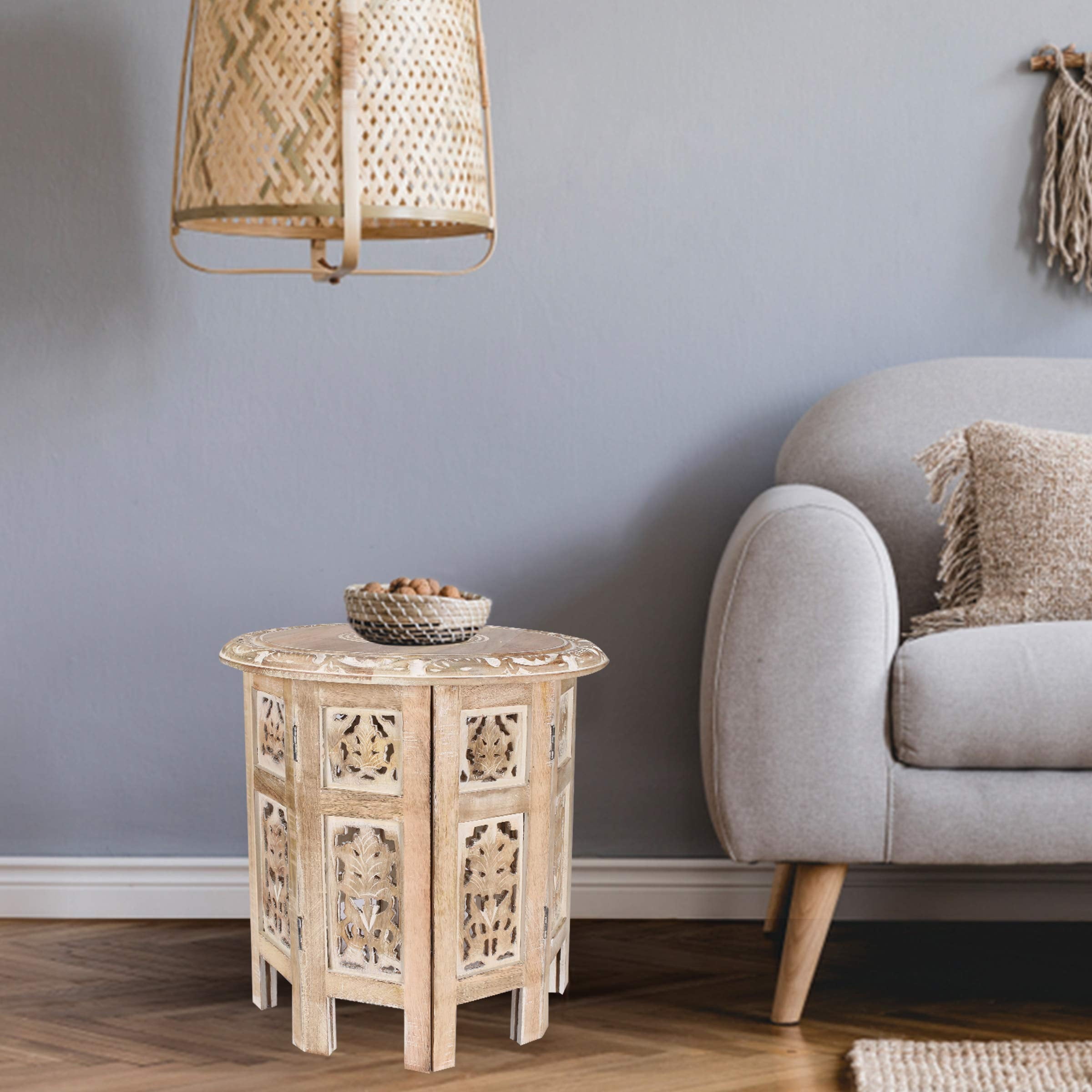 The Wooden Town Carved Wood Round End Table, Handcrafted Accent Side Table, White Washed Small Coffee Table, Solid Wood Living Room Décor, 18 Inch