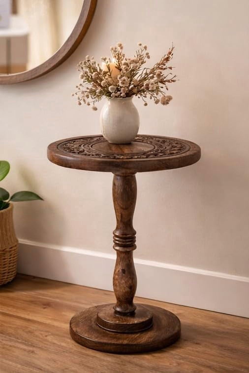 The Wooden Town Round Side Table, Hand-Carved Drink Table, Scorch Burnt Finish, 12 x 22 Inch