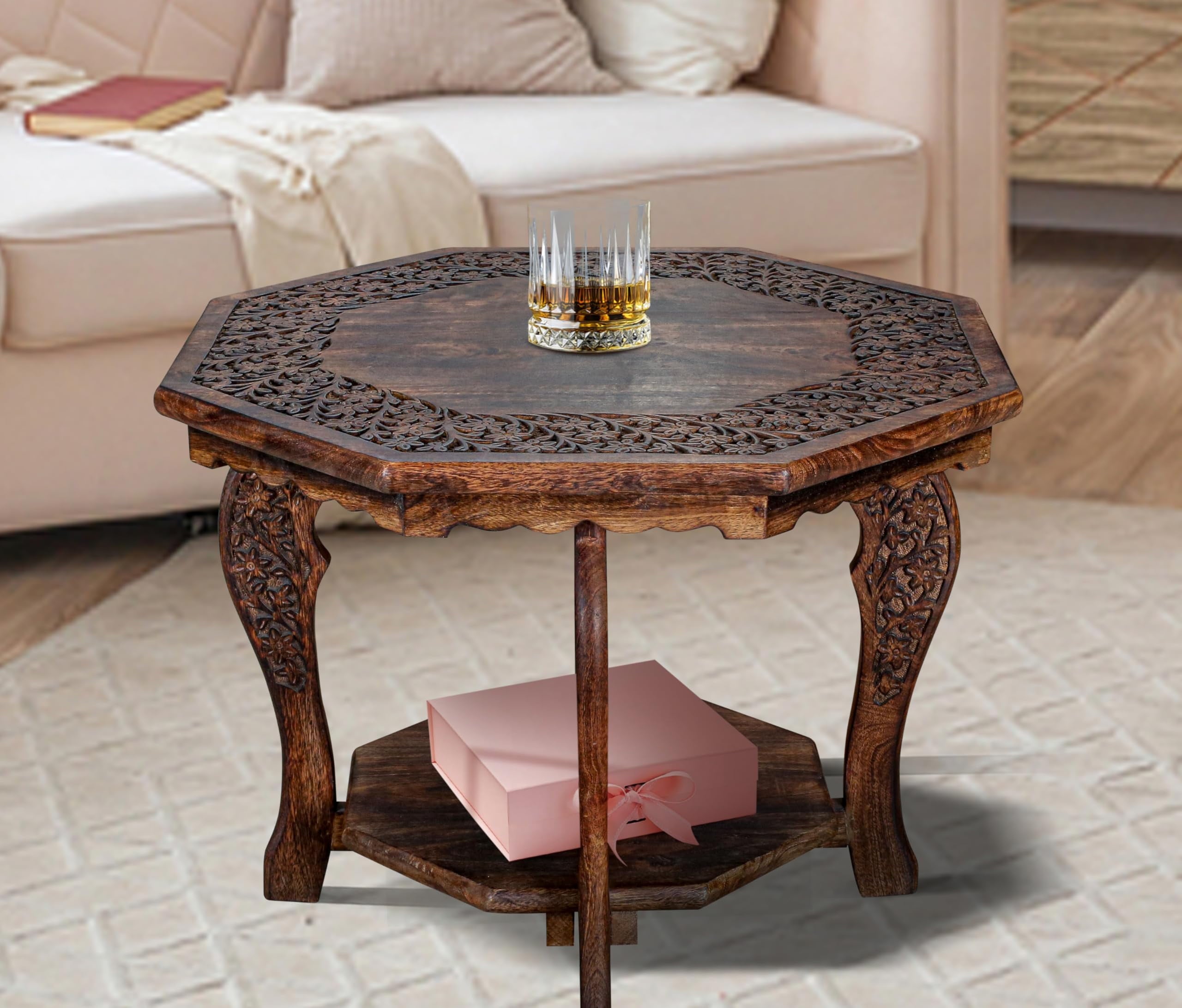 Farmhouse Octagon Accent End Table, Solid Wood Foldable Side Table with Tray Top, Burnt Finish, 24 x 24 x 18 Inch
