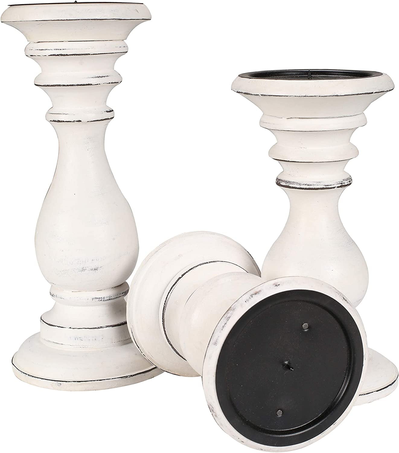 Antique White Wooden Pillar Candle Holder Set of 3