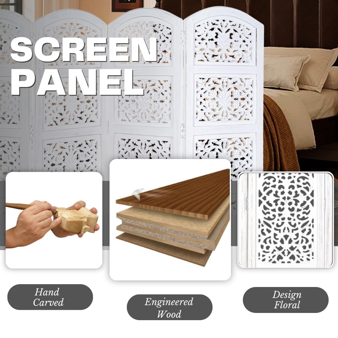 White Hand-Carved Wooden 4-Panel Folding Room Divider 64” x 48”