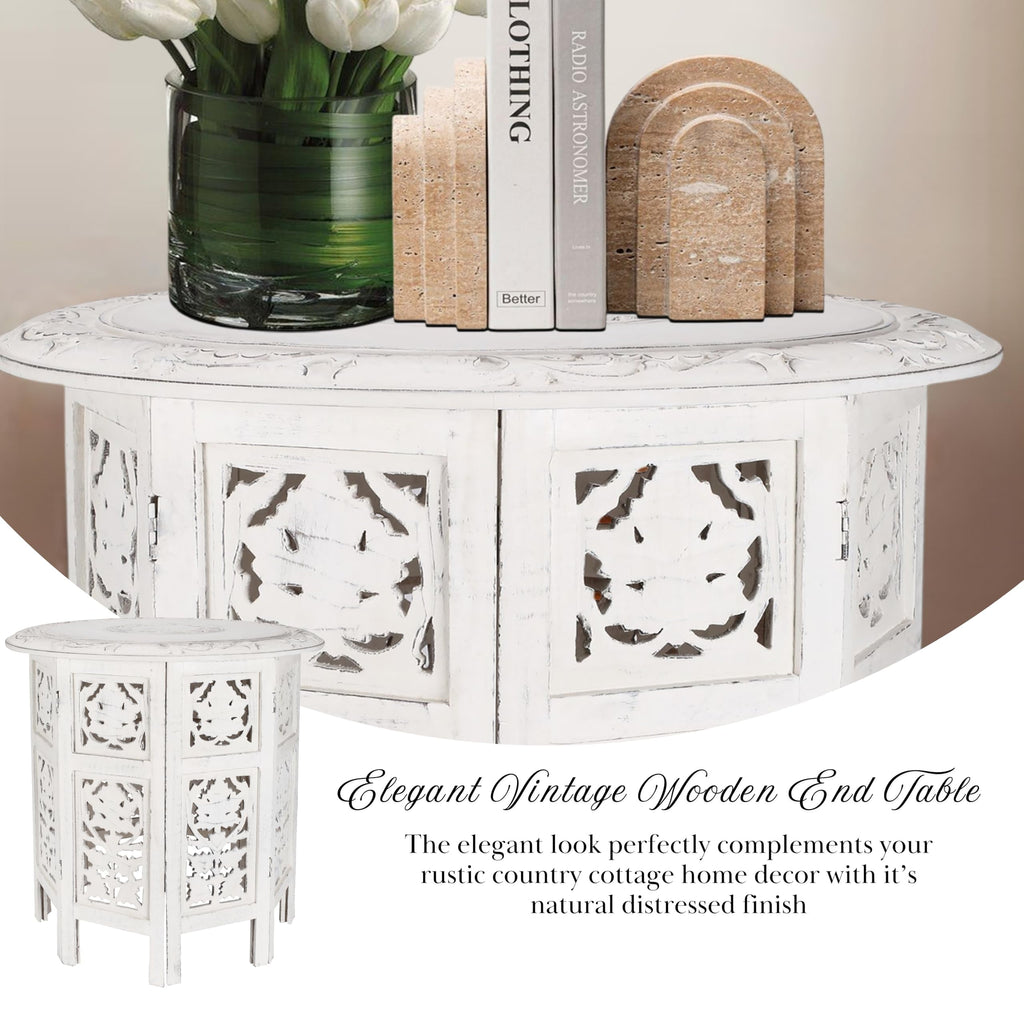 The Wooden Town Handcrafted Solid Wood End Table, Antique White Accent Side Table for Living Room & Bedroom, 18 x 18 Inch