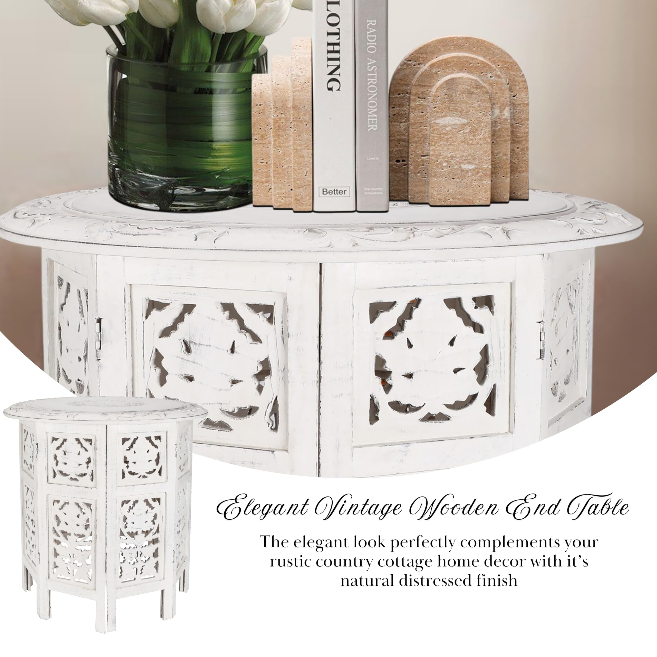 The Wooden Town Handcrafted Solid Wood End Table, Antique White Accent Side Table for Living Room & Bedroom, 18 x 18 Inch
