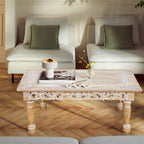 Rectangular Wooden Coffee Table, Beige Finish with Cutwork Jali Carving, 36 x 24 x 18 Inch