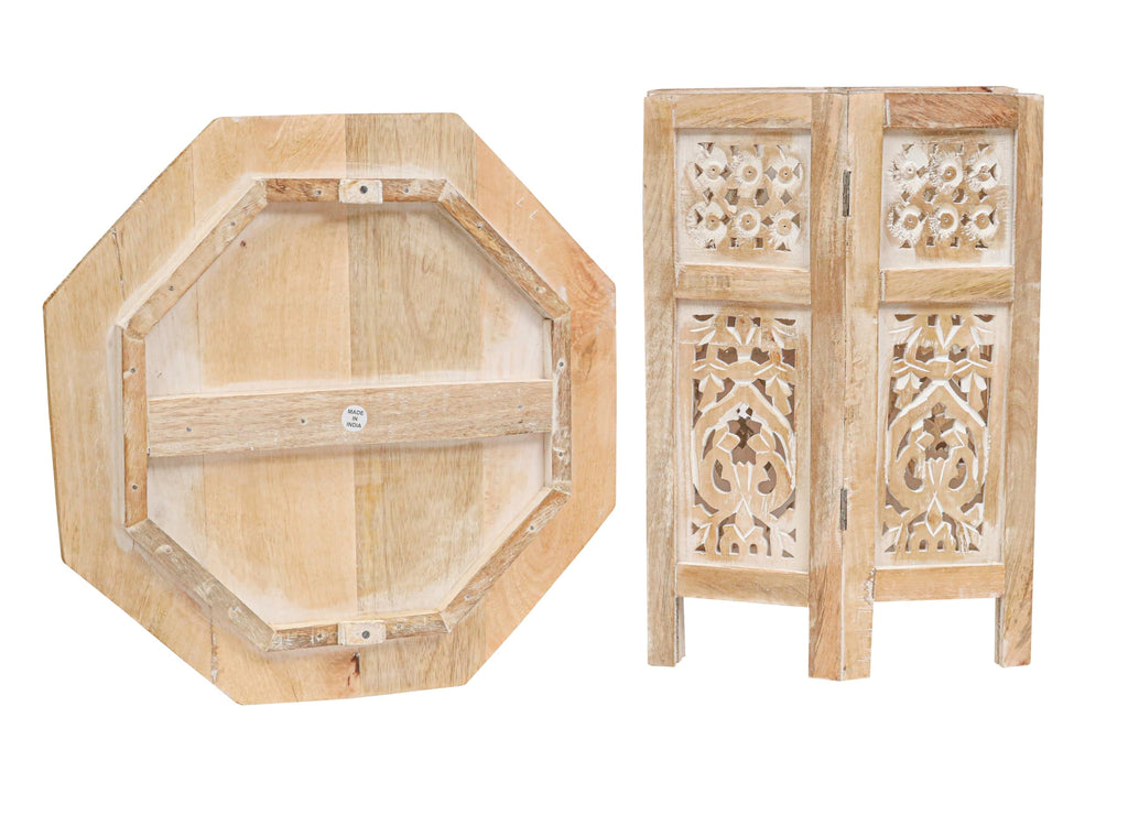 The Wooden Town Hand-Carved Vintage Boho Folding End Table, Octagon White Wash Side Table, 18 x 18 Inch