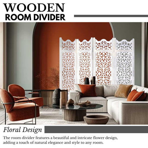 Antique White Wood 4-Panel Folding Room Divider 64” x 48” – Hand-Carved Privacy Screen
