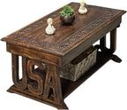 Rectangular Wooden Coffee Table, Burnt Finish Foldable Farmhouse Table, Hand-Carved USA Design, 40 x 20 x 18 Inch