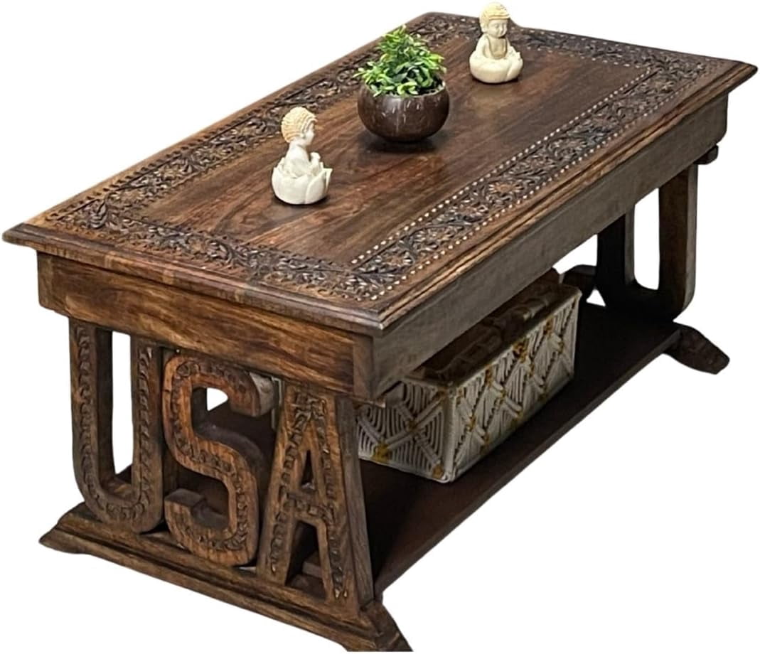 Rectangular Wooden Coffee Table, Burnt Finish Foldable Farmhouse Table, Hand-Carved USA Design, 40 x 20 x 18 Inch