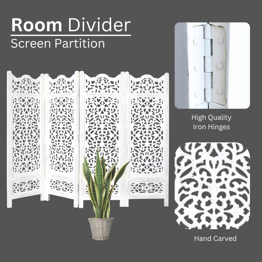 Antique White Wood 4-Panel Folding Room Divider 64” x 48” – Hand-Carved Privacy Screen