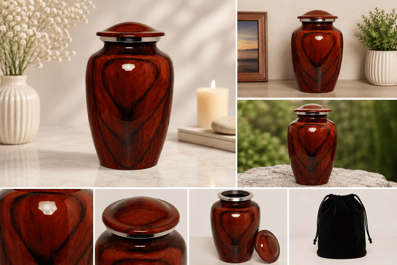 Wood Forest Natural Finish Cremation Urn for Adult Remains – Wooden Look Metal Urn, 10” x 6”