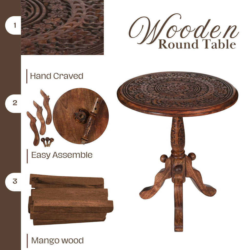 The Wooden Town Handcrafted Carved Round Side Table, Solid Wood Coffee & Accent Table with Pedestal Base, Living Room End Table, 18 x 21 Inch
