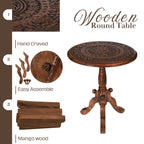 The Wooden Town Handcrafted Carved Round Side Table, Solid Wood Coffee & Accent Table with Pedestal Base, Living Room End Table, 18 x 21 Inch