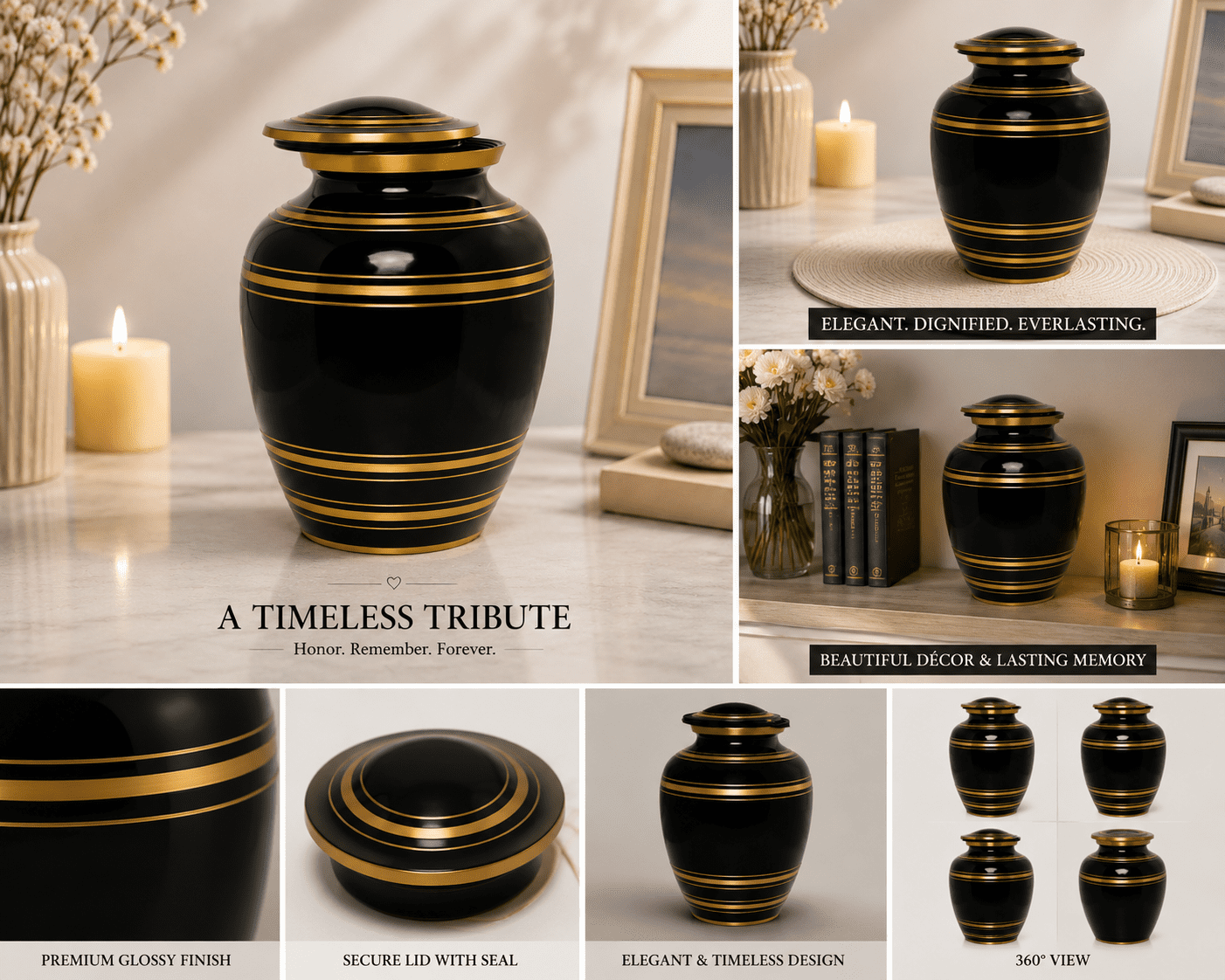 Classic Thread Midnight Black Gold Metal Cremation Urn for Adult Remains – 9” x 7”