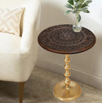 The Wooden Town Hand-Carved Boho Folding Side Table, Burnt Brown Top with Gold Aluminum Base, 18 x 22 Inch