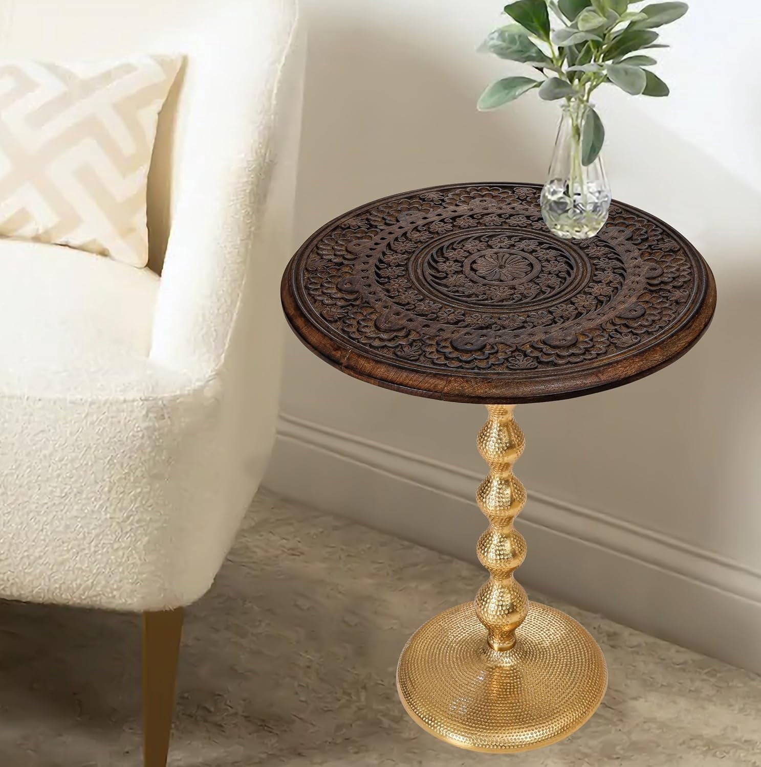 The Wooden Town Hand-Carved Boho Folding Side Table, Burnt Brown Top with Gold Aluminum Base, 18 x 22 Inch