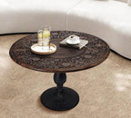 The Wooden Town Hand-Carved Solid Wood Coffee Table, Burnt Finish with Black Aluminum Pillar Base, 24 x 24 x 18 Inch