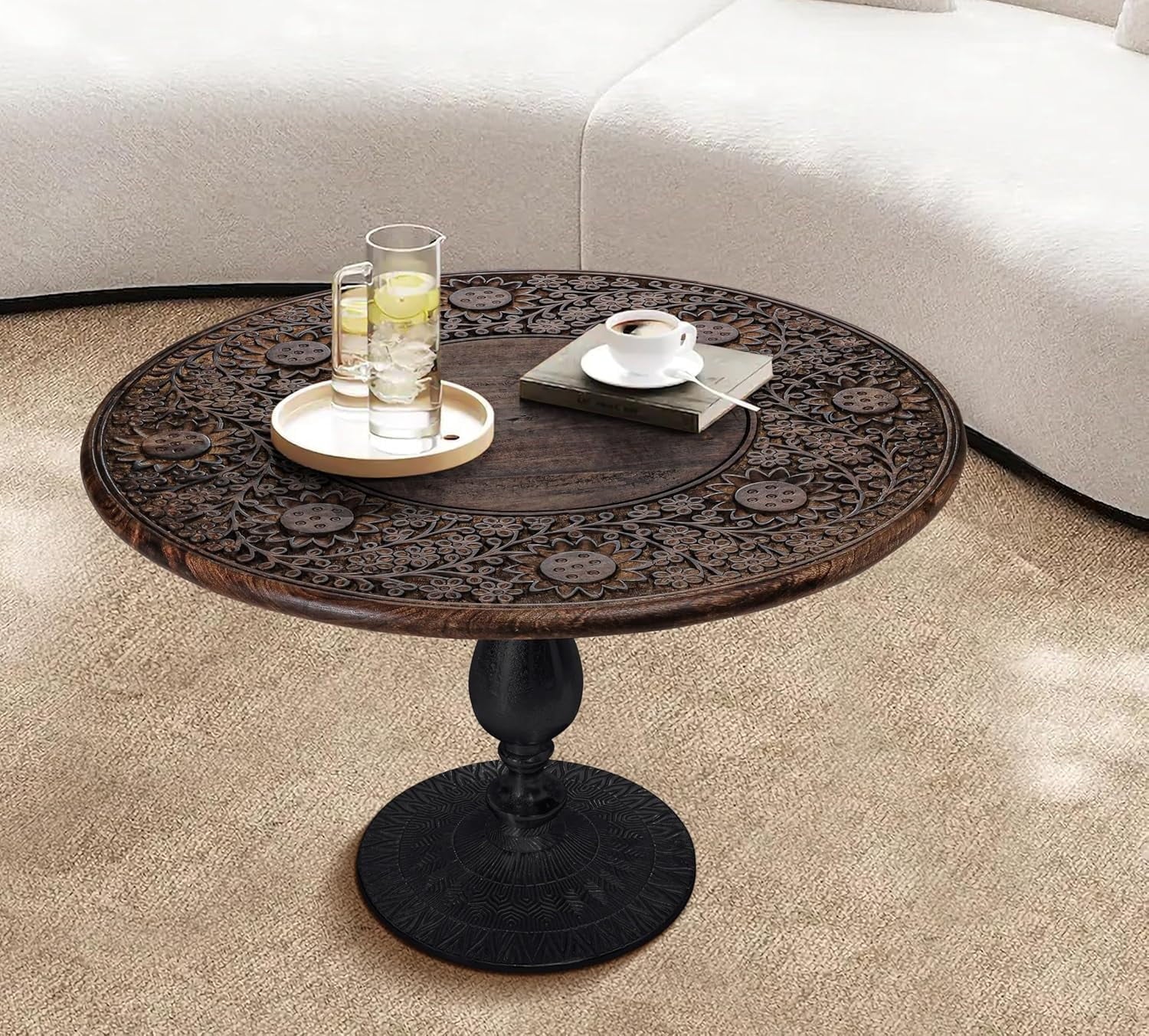 The Wooden Town Hand-Carved Solid Wood Coffee Table, Burnt Finish with Black Aluminum Pillar Base, 24 x 24 x 18 Inch